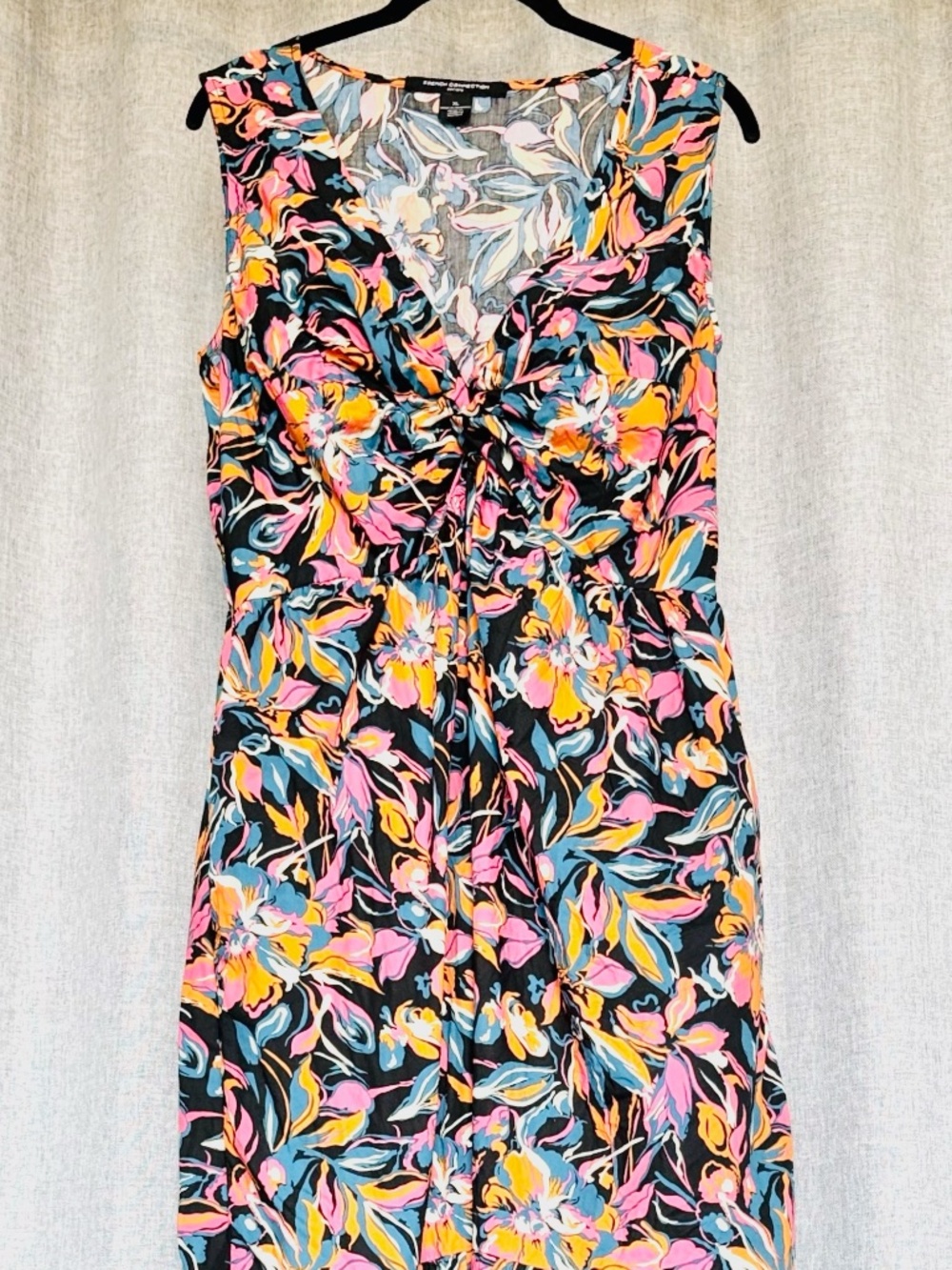 French Connection Dress XL Tropical Print Sleeveless Twist Front Cotton Maxi